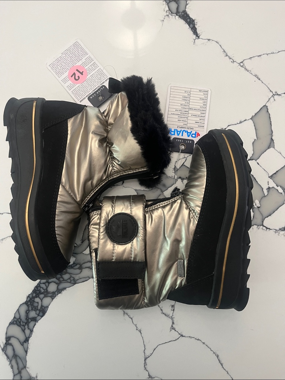 Pajar Metallic Gold and Black Faux Fur Winter Boots, Size 12